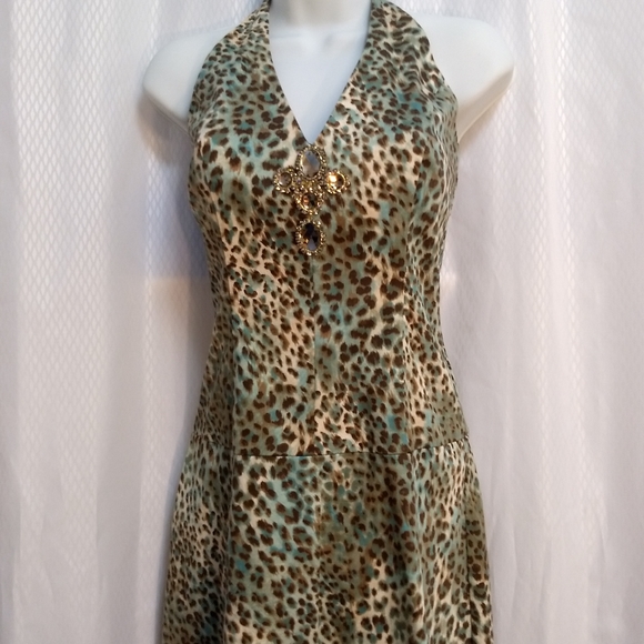 Curtsey Dresses & Skirts - Curtsey Summer Halter-Neck Party Dress, Aqua/Brown/Cream Animal Print, Size 8